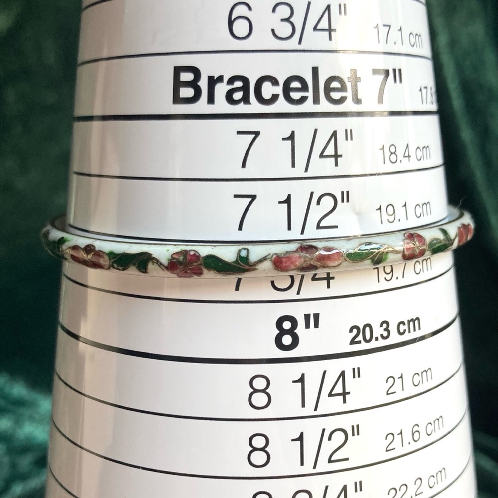 Vintage Cloisonné Bangle Bracelet Slim White Enamel Floral 7.5” - Picture 3 of 4